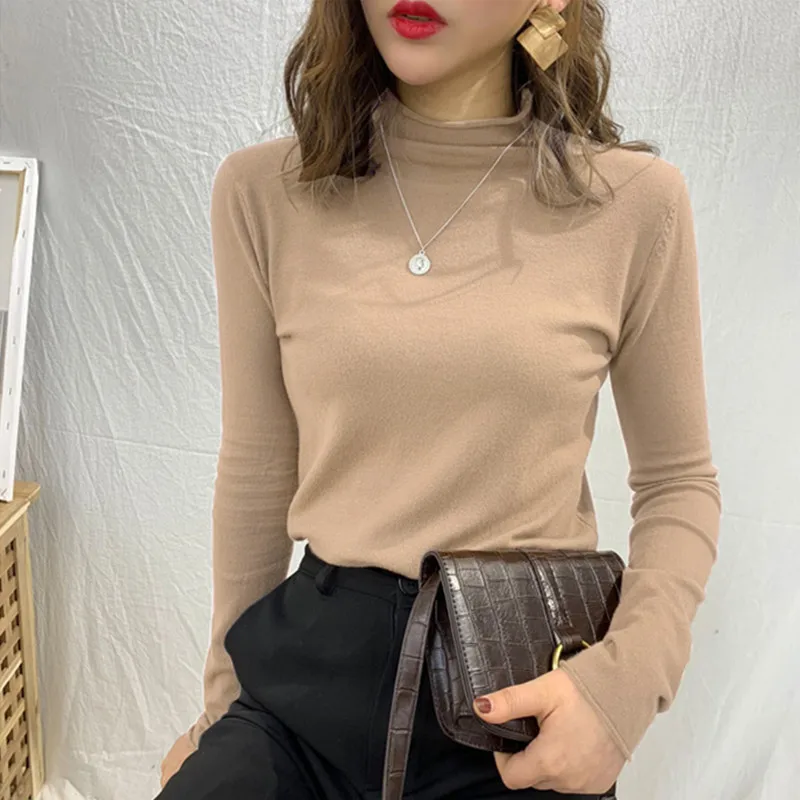 

Women Mock-Neck Slim Knitting Sweater Long Sleeve Office Sweaters Casual Solid Ribbed Pullover for Women 2024 Autumn Winter R431