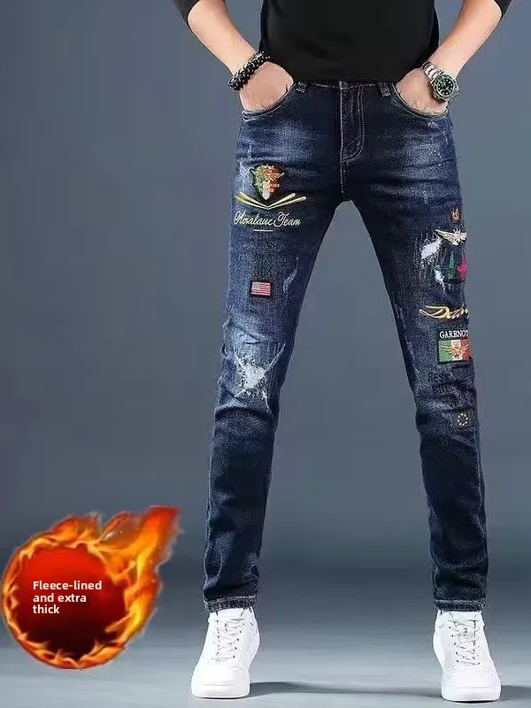 

Thiened Fce, осенне-зимние джинсы с вышивкой и принтом, мужские модные брендовые облегающие повседневные брюки до щиколотки, модные новые ло...