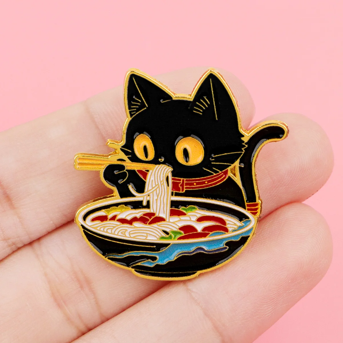 Japanese Noodles Black Cat Enamel Pin Cute Brooch Pines Lapel Pins Badge on Backpack Clothing Accessories Animal Jewelry Gifts