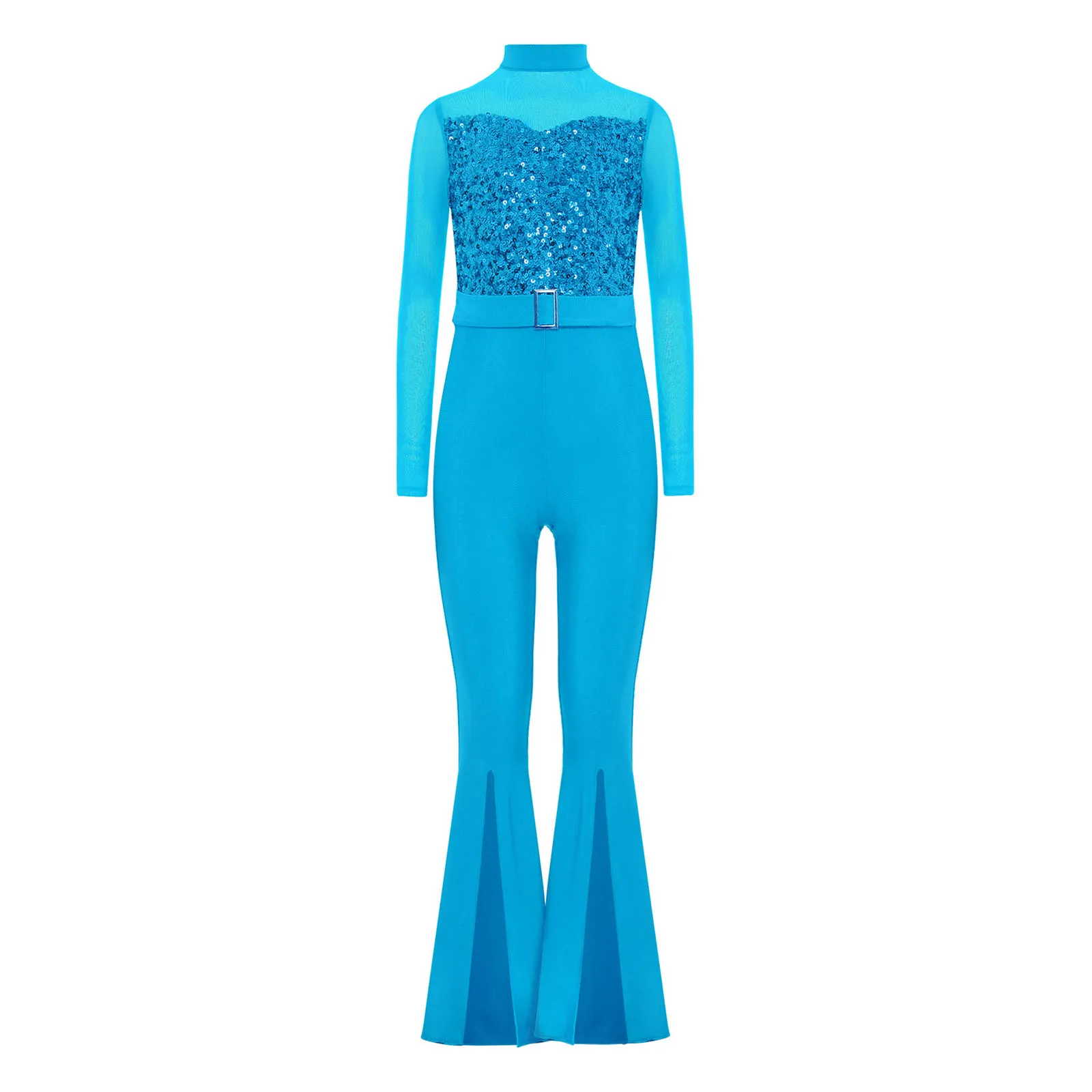 

Детский костюм для джазовых танцев для девочек, комбинезон с длинными рукавами и молнией сзади, сетчатый лоскутный лиф с блестками и разрезом, комбинезон с расклешенным низом