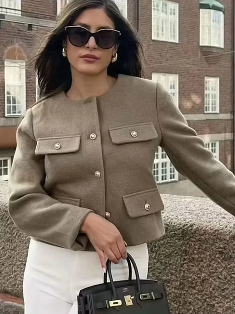 HH bunda pro ženy s přední klopou a dlouhým rukávem, výstřihem do O, ležérní podzimní nová móda High Street pevné svrchní oblečení - náhled 3