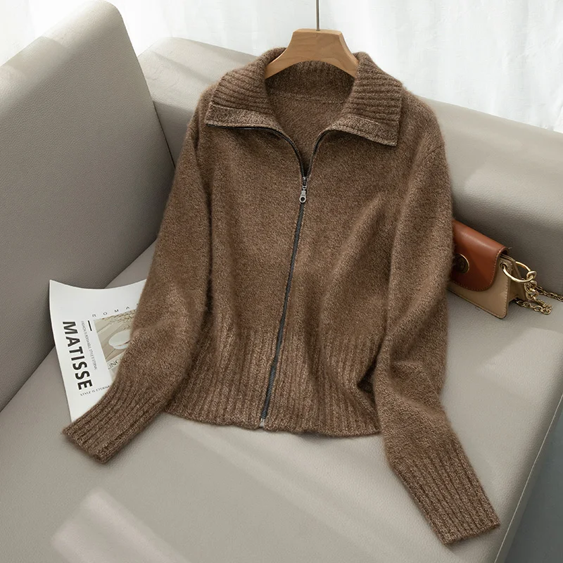 Heavy-weight Zippered Lapel 100%Cashmere Sweater Women's Cardigan Loose Pure Cashmere Jacket Fashion Knitted Sweater Top