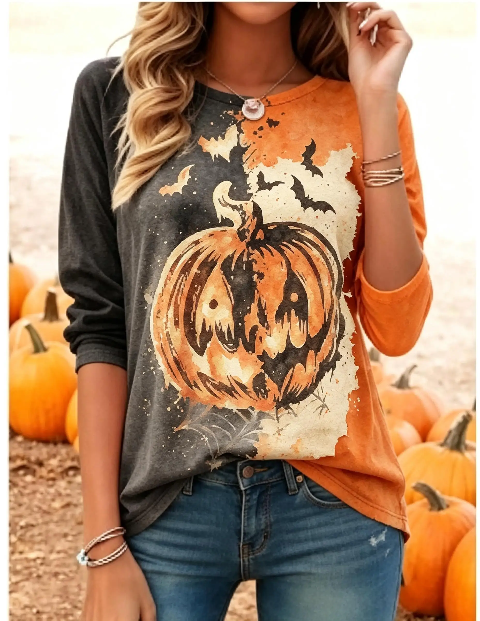 Artistic Retro Hand-Drawn of Fish Print Long Sleeve T-Shirt Round Neck Fresh Individual Top Casual Shopping Outing Wear