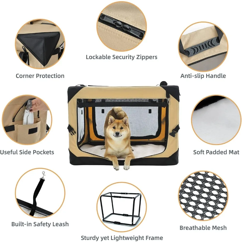 36 Inch Collapsible Dog Crate for Large Dogs, 4-Door Foldable Soft Dog Kennel with Chew Proof Mesh Windows, Indoor