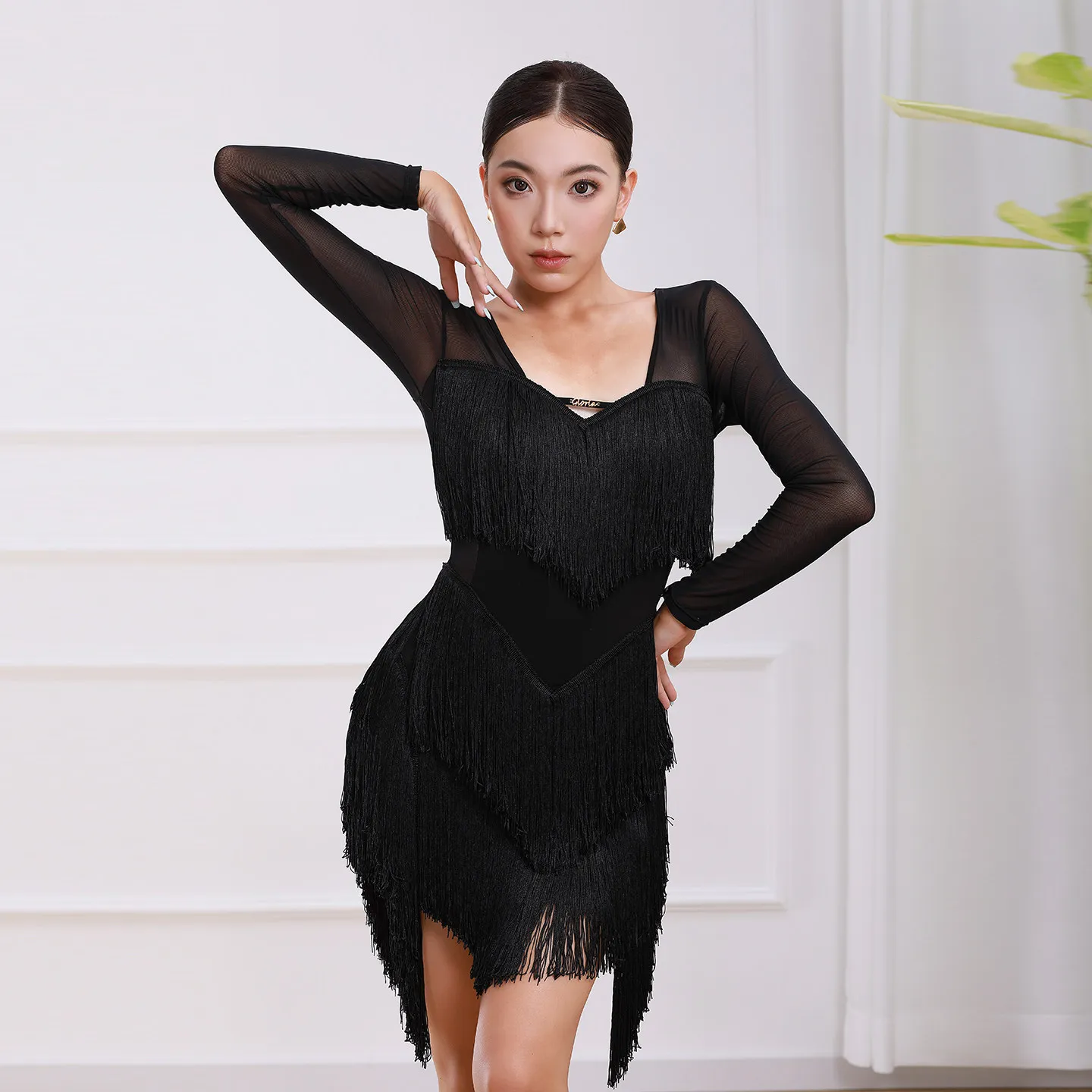 Vestido de Baile Latino 2026, Vestido Largo de Manga Larga, Elegante, Sexy y Estilizador, Ropa Profesional para Práctica de Baile Latino para Mujer