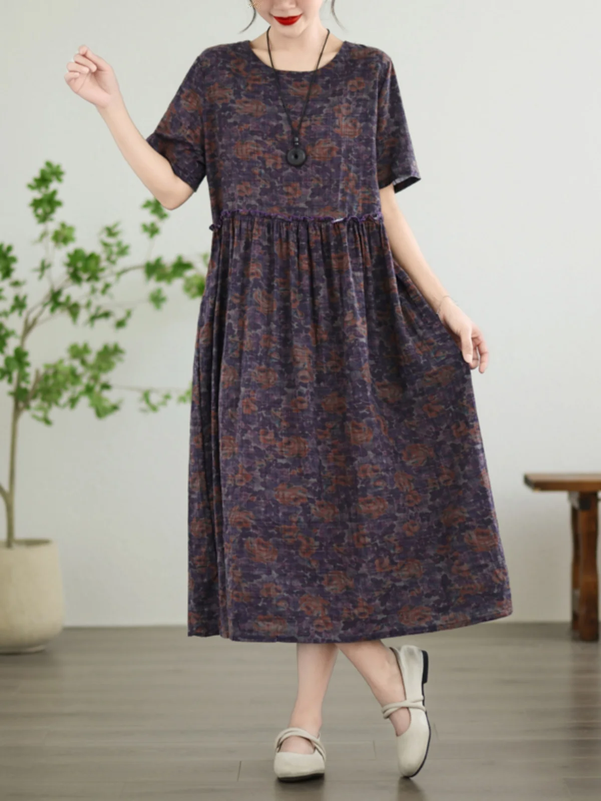 レトロなコットンリネンまたはスウェードのような大きなサイズの女性用ファッション、ラウンドネック、ゆったりとした花柄のAラインスカート、通勤用、プリント入りD...