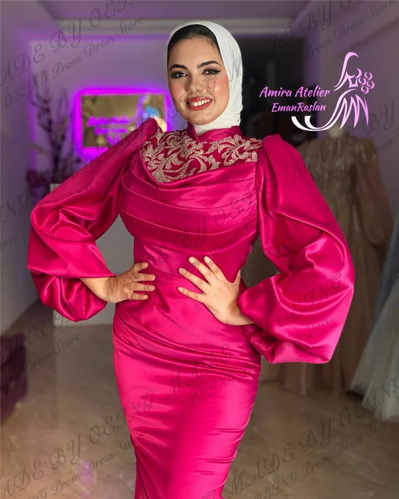 OEING Fuchsia Muslim Evening Dresses Simple Long Puff Sleeves High Neck Prom Dress Appliques Women Trumpet Formal Party Gowns