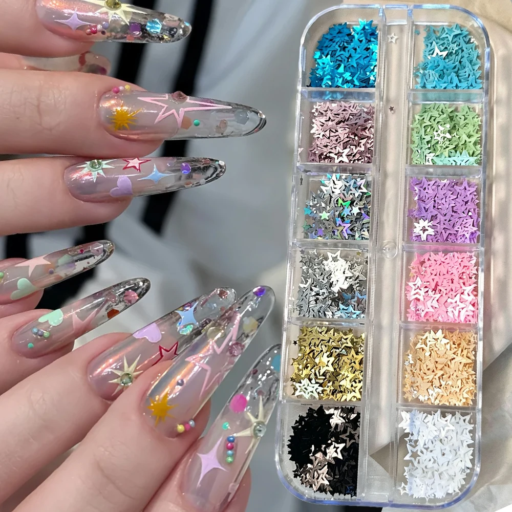 12Grid Macaron Colorful Five Pointed Star Nail Sequins Hollowed-out Pentagram Glitter Nail Paillette Holographic Star Flakes Dec
