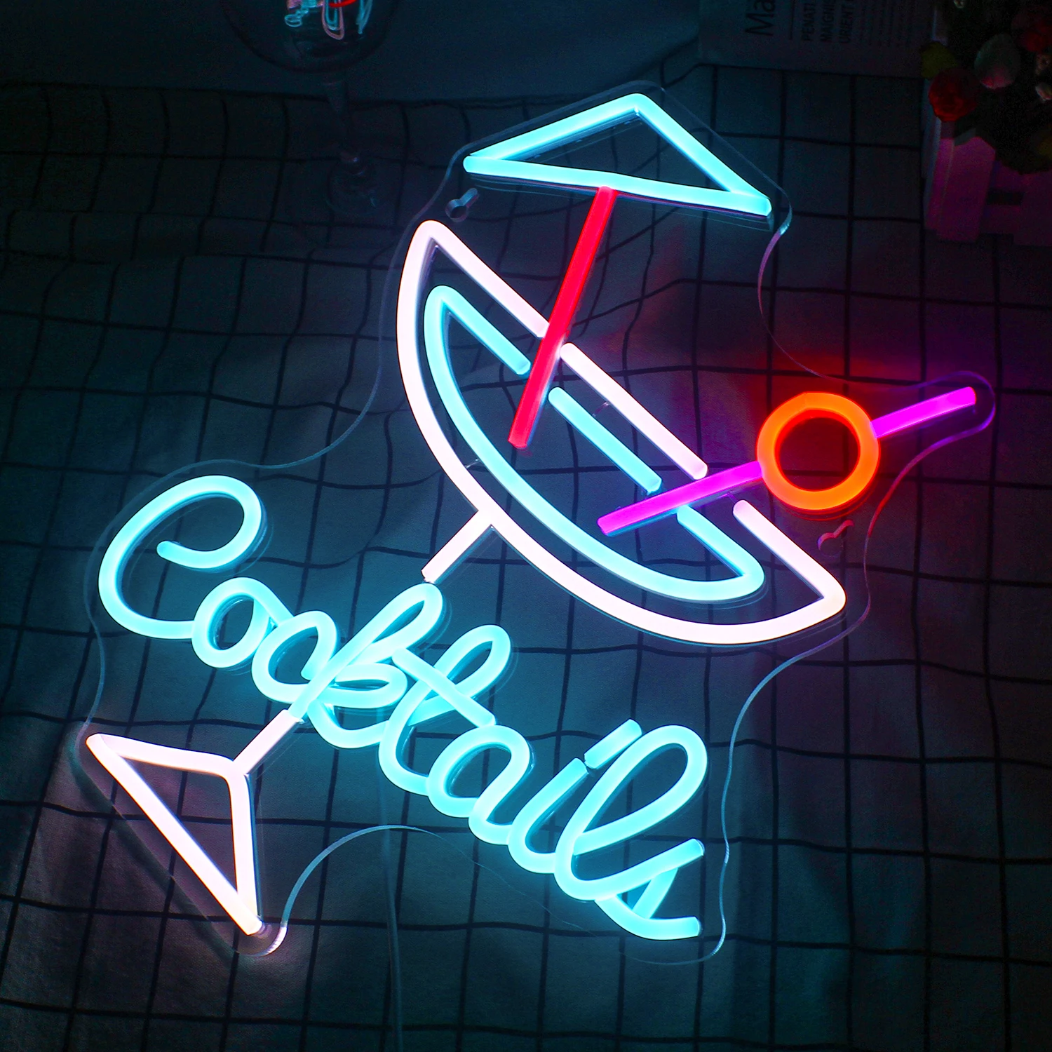 Cocktail Neon Sign Blue LED Sign Cocktail Glass Shape Neon Light Neon Light Neon Light Wall Decoration Neon Light  Bar
