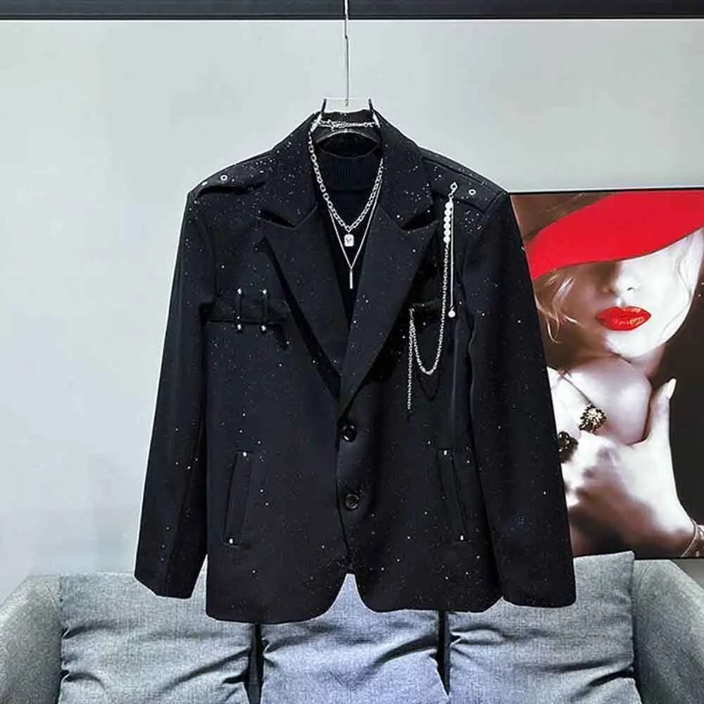 

Осенний новый мужской однотонный пиджак с длинными рукавами и цепочкой, американский ретро-модный тренд, свободные повседневные мужские топы High Street