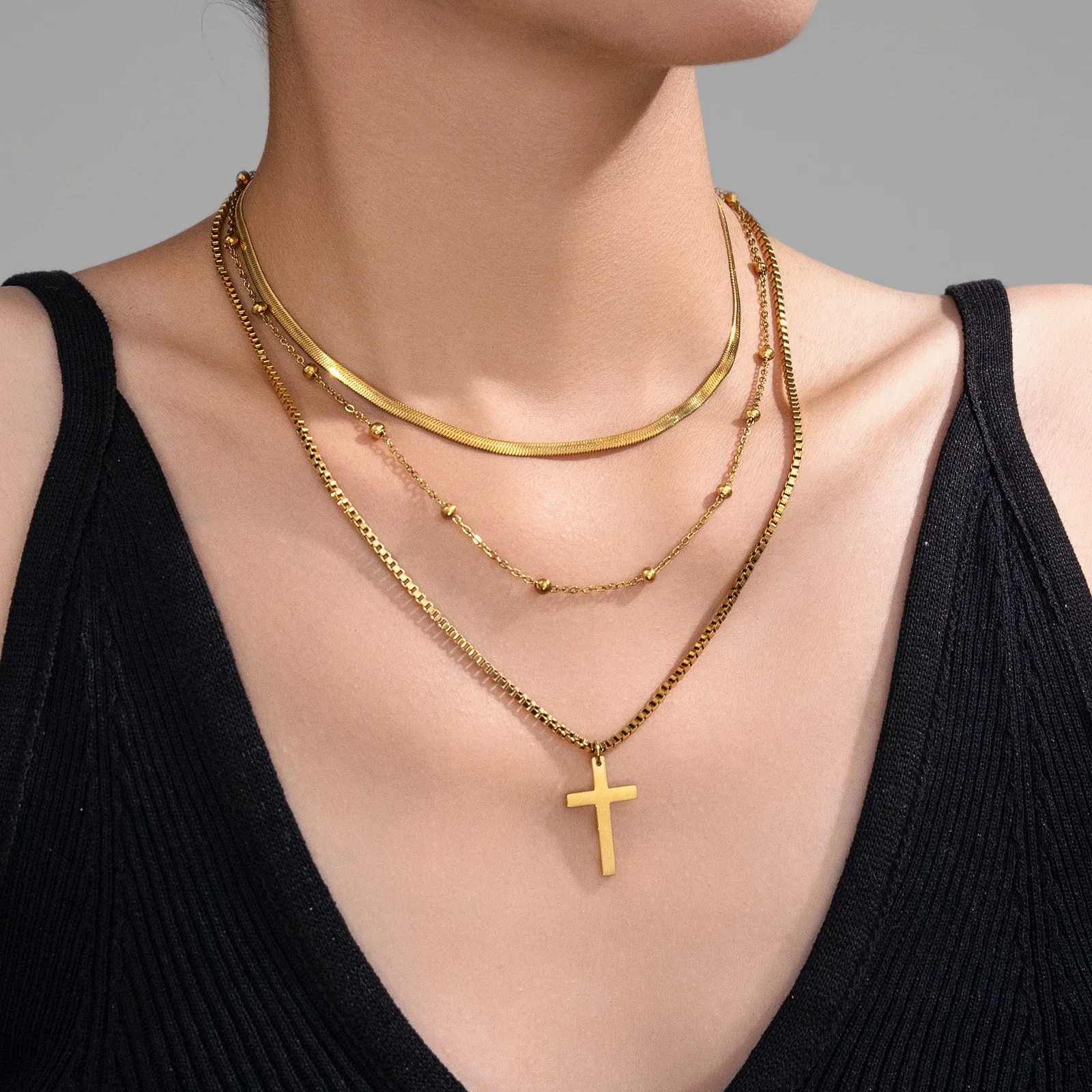 316L Stainless Steel New Fashion Upscale Jewelry 3 Layer Beaded Cross Charms Thick Chain Choker Necklaces & Pendants For Women