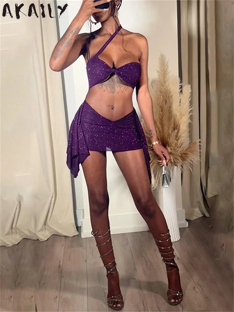 Akaily Summer Purple Glitter Sexy 2 Piece Set See Night Party Outfits For Women 2024 One Shoulder Backless Irregular Skirt Sets