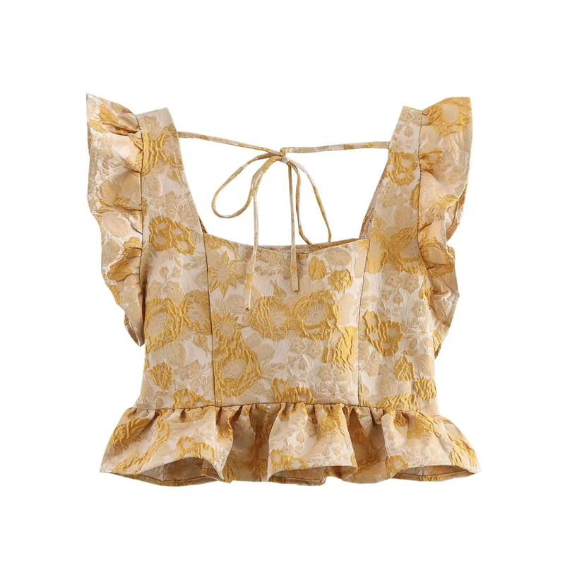 KEYANKETIAN été nouveau vacances vent Jacquard chemise à plusieurs niveaux décoration col carré pansement femmes Blouse courte mince haut court