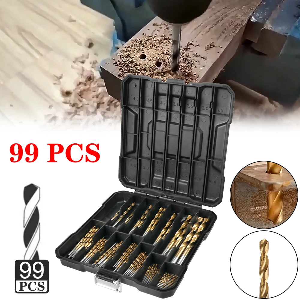 

1/4"-1/16" 99pcs Drill Bits Drilling Hole Tools Anti-rust Wear Protection Twist Drill Set High Speed Steel Titanium Coated