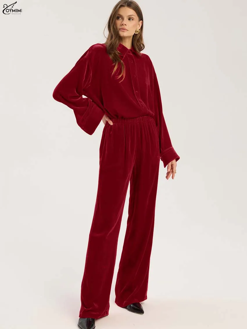 

Oymimi Fashion Red Plush 2 Pieces Set For Woman Elegant Long Sleeve Single-Breasted Shirts And Straight Full Length Pants Sets