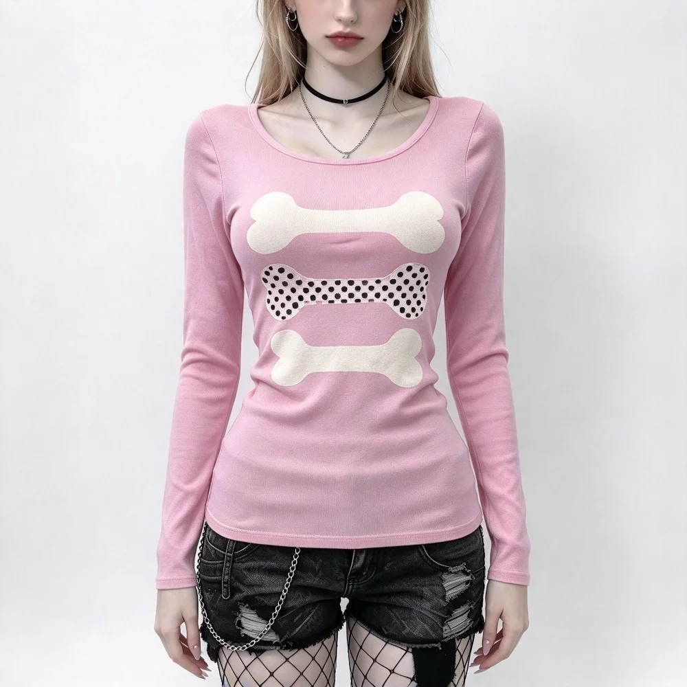 New Cute Bone-patterned Fashionable Printed Fitted Long-sleeved Simple Round-neck T-shirt, Suitable for Both Men and Women