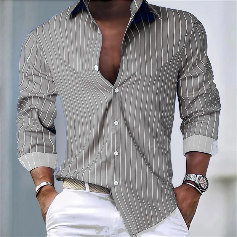 16-color men\'s shirt lapel long-sleeved casual shirt 3D printing striped fashion long-sleeved comfort fabric XS-6XL