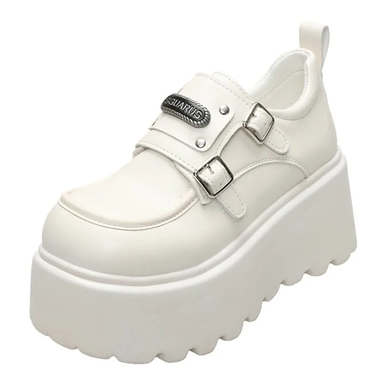 

8cm Luxury Women's Lock Buckle Thick Bottom Slip-On Shoes Spring Autumn Fashion Season Mid Heel Black Leather Square Toe Loafers