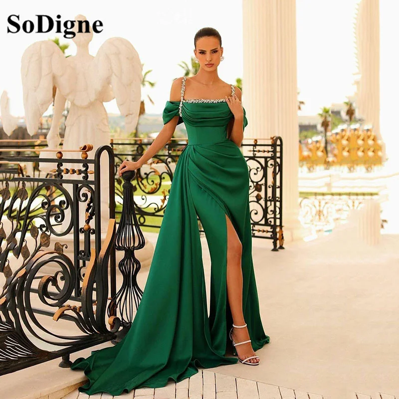 

SoDigne Green Mermaid Satin Evening Dresses Beaded Saudi Arabia Prom Dress High Slit Women Formal Long Prom Gowns 2024