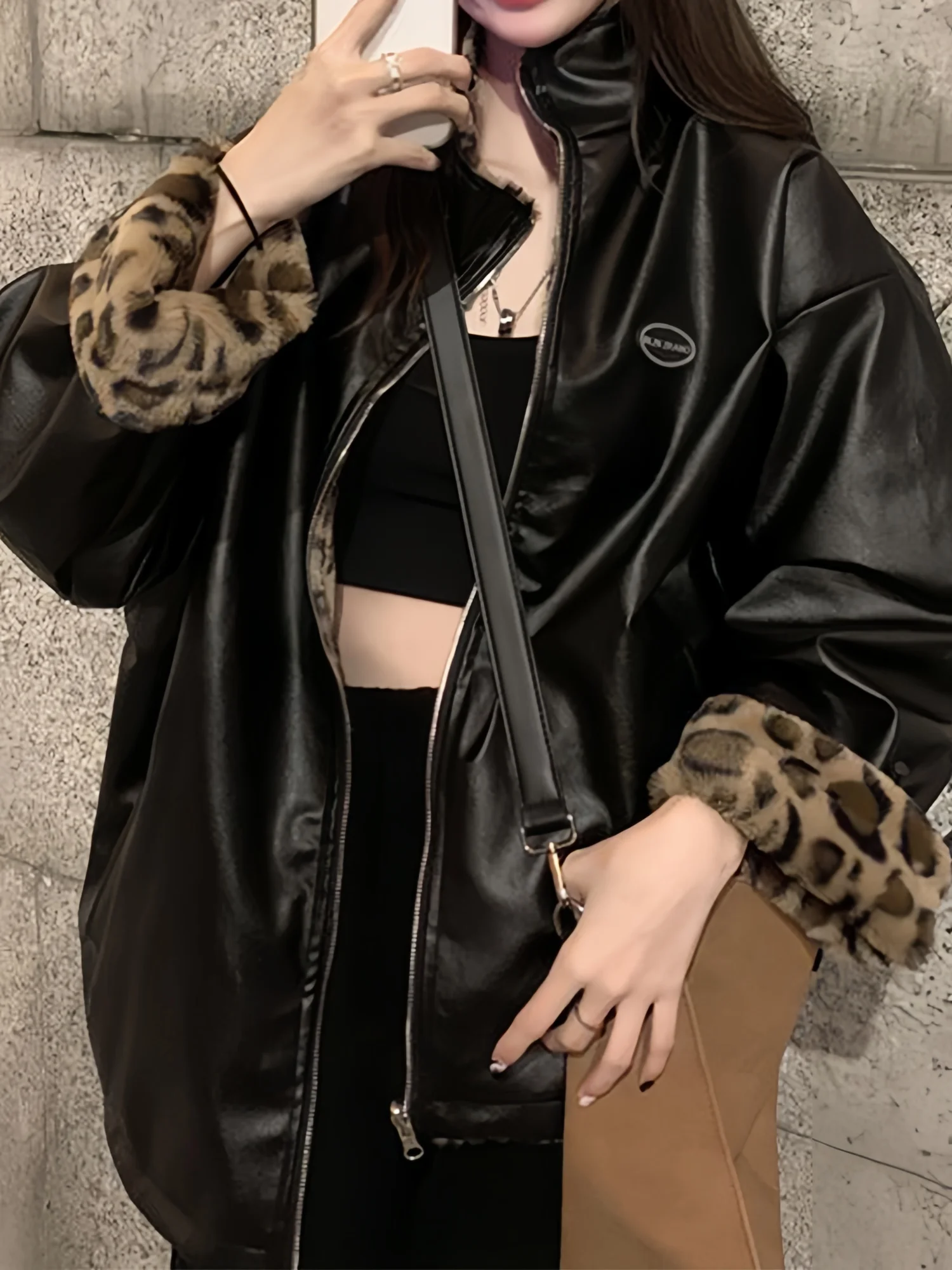 2025 패션 레오파드 자켓 느슨한 편안한 긴 소매 양면 착용 지퍼 자켓 코트 여성 가을 ​​겨울 의류