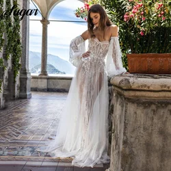 Sexy Illusion Lace And Tulle Beach Wedding Dresses Sweetheart Puffy Sleeves Bridal Gowns High Slit Brides Dress robe de mariée