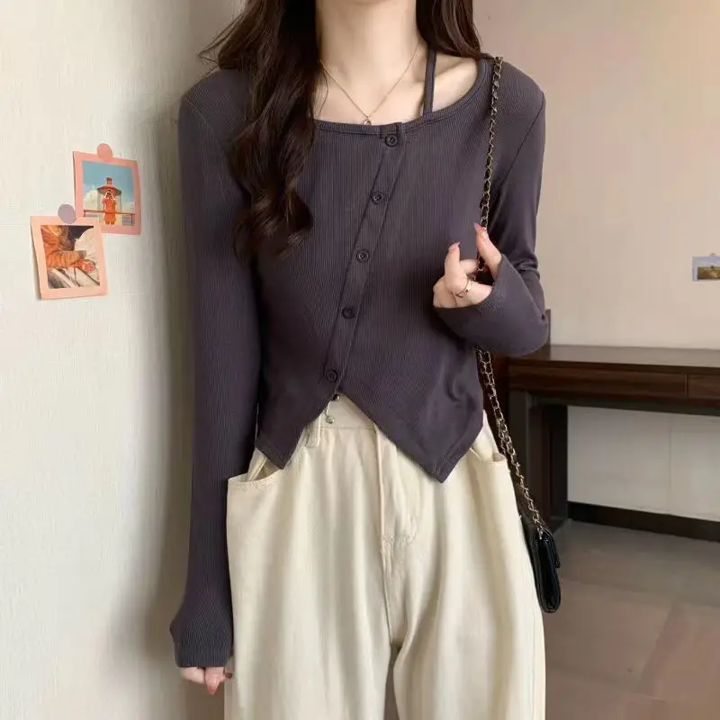 

Футболки с длинными рукавами, женские молодежные хлопковые топы, облегающие универсальные лоскутные кружевные бейки с рюшами по подолу, минималистичный дизайн, удобные