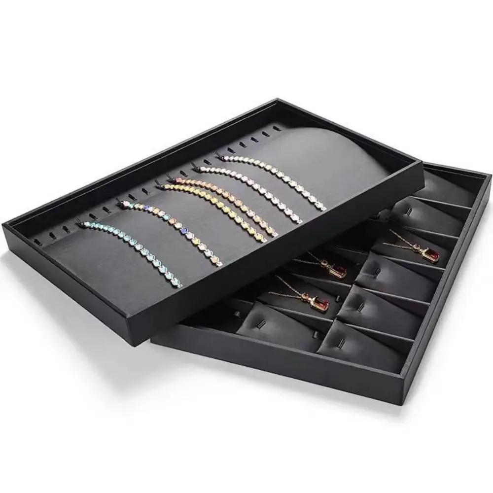 Stackable Jewelry Display Tray Multi Compartments Flat Bottom Bracelets Storage Organizer Space Saving Black
