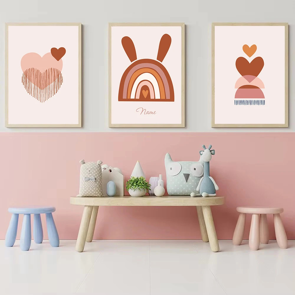 Boho Pink Orange Heart Poster Custom Name Canvas Print Abstract Wall Art Nursery Prints Painting Modern Picture Kids Room Decor