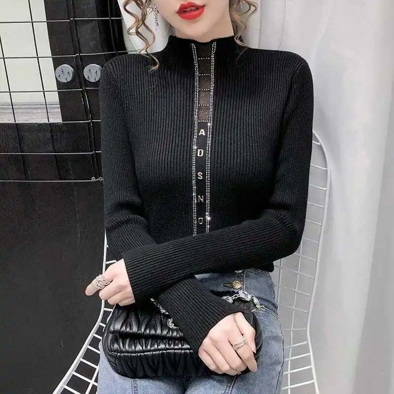 Autumn Winter Women\'s Letter Embroidery Pullover Long Sleeve Half High Collar Rhinestone Screw Thread Sweater Knitted Tops