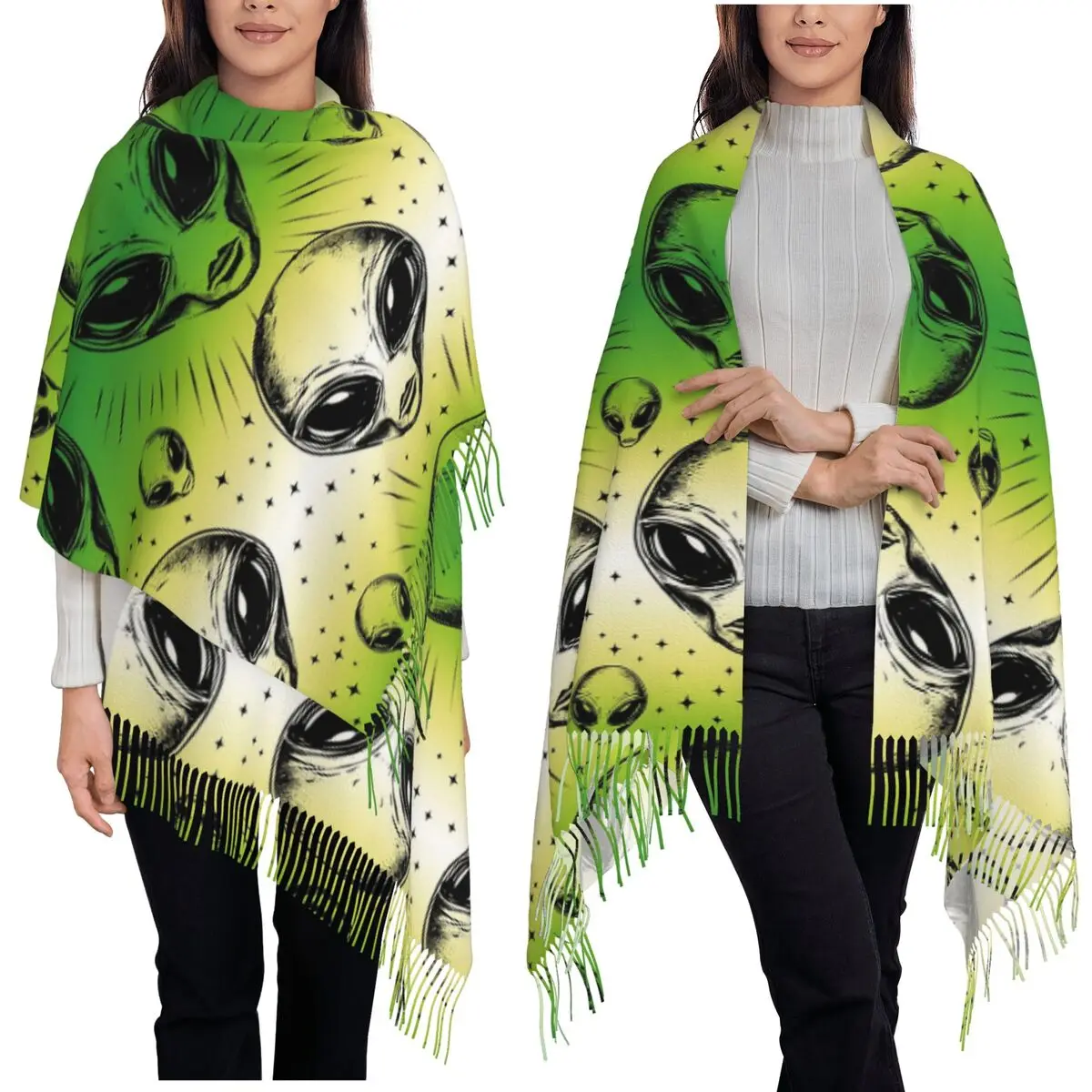 

Зеленый шарф с изображением инопланетянина НЛО, шарфы с кисточками, женские мягкие теплые шали и накидки, большая осенне-зимняя шаль