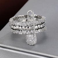 Women Fashion Three Layer Stacked Rings Pin Design Cubic Zircon Rings for Women Gift Party Jewelry