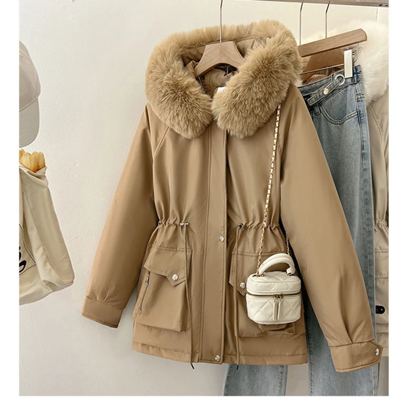 Winter Cotton Padded Hood Fur Jacket for Women Thick Velvet Fur Hooded Mid Length Snow Parka Warm Big Fur Collar Outerwear Women