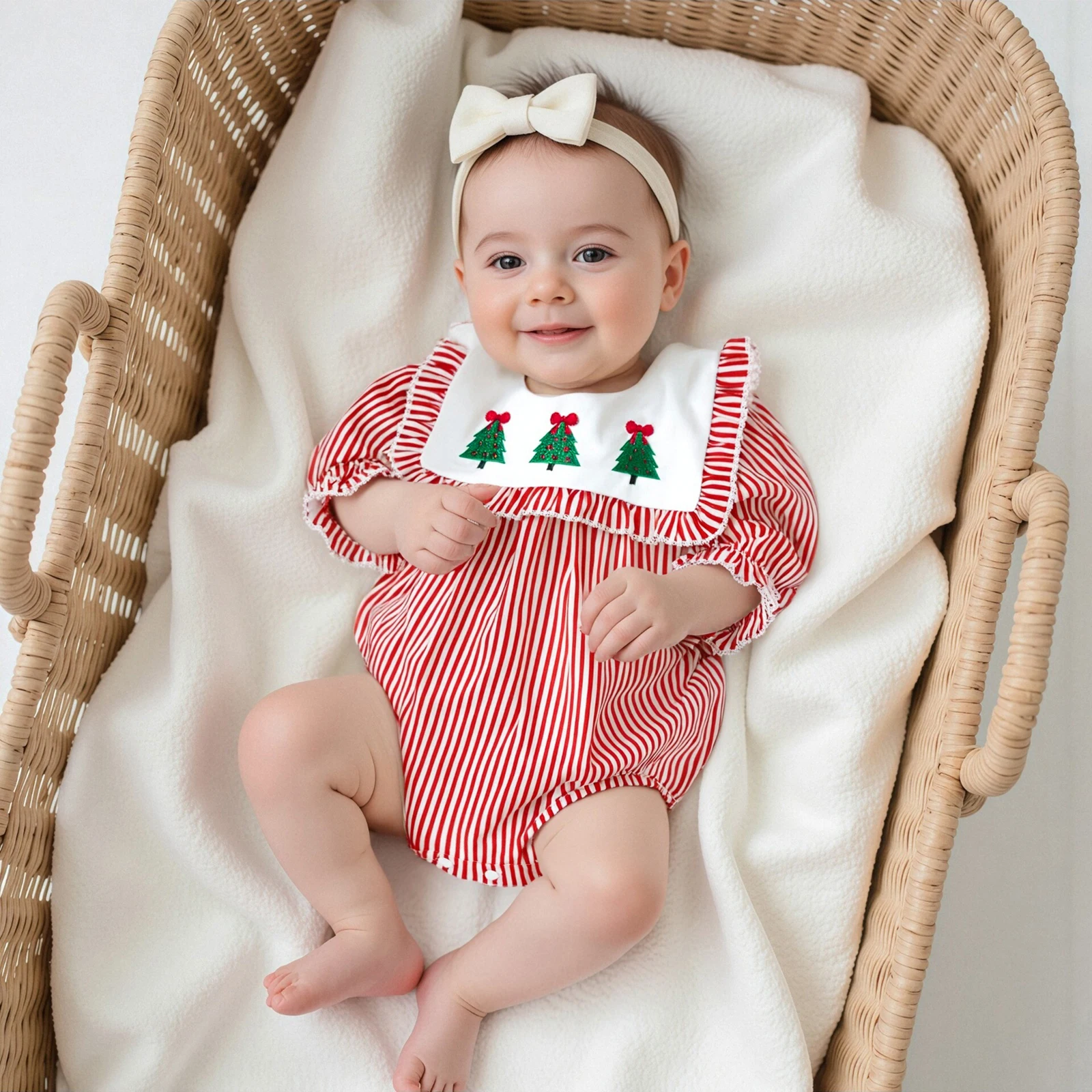 Baby Girl Christmas Romper Striped Holiday Tree Ruffle Trim Long Sleeve Smocked Bodysuit Cute Winter Fall Clothes