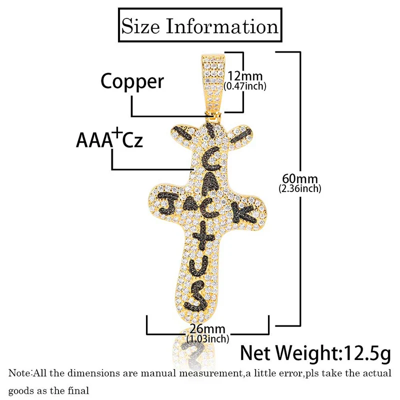 Hip Hop 3A+ CZ Stone Paved Bling Iced Out Cactus Jack Cross Pendants Necklace for Men Rapper Jewelry Gold Silver Color