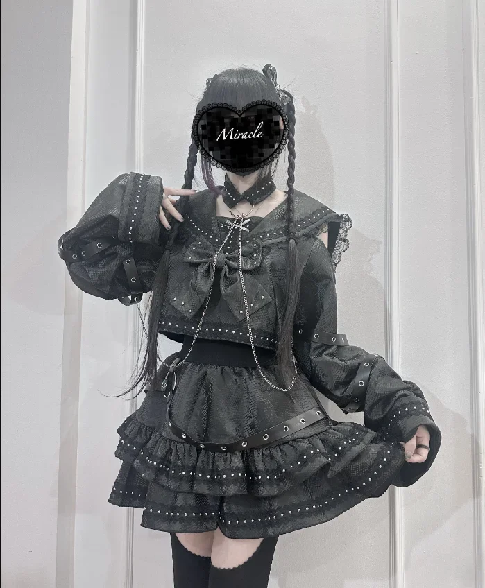 IMU Original Subculture Gothic Outfit Japanese Sweet Cool Girl's Punk Navy Collar Long-sleeve Top and Skirt 2-piece Set New Spri