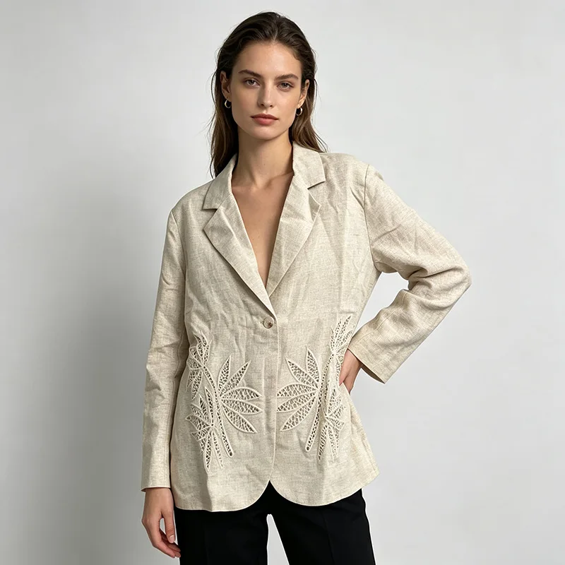 ZAMOR HIGH END Elegant Commuter Top 2026 Autumn New Solid Color Embroidery Hollow Out V-Neck One Button Long Sleeve Blazer Outer