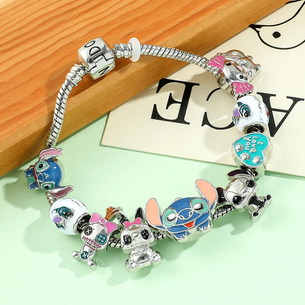 Disney Anime Lilo and Stitch Bracelet Cute Cartoon Stitch Beads Hand Chain for Women Girls DIY Bangle Jewelry Accessories