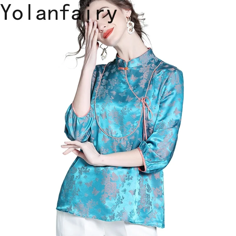 

YOLANFAIRY, рубашки из натурального марлевого шелка, женские летние рубашки 2022, новый стиль, китайский топ Cheongsam, 100% шелковый шелк, женская рубашка, синие блузки