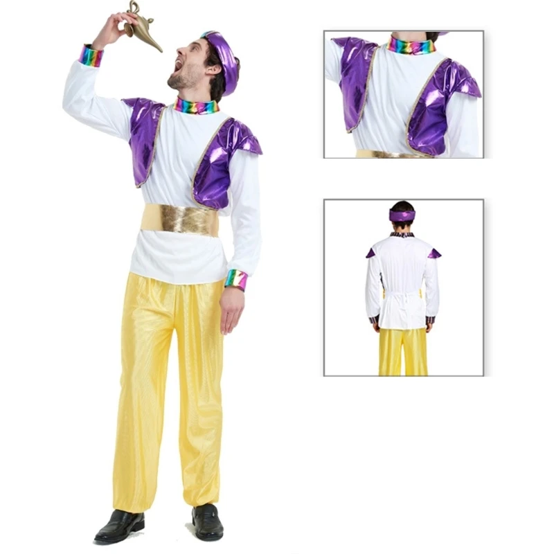 Costume arabe d'halloween pour hommes femmes, vêtements du moyen-orient dubaï, coiffure longue, voile, haut court, pantalon,