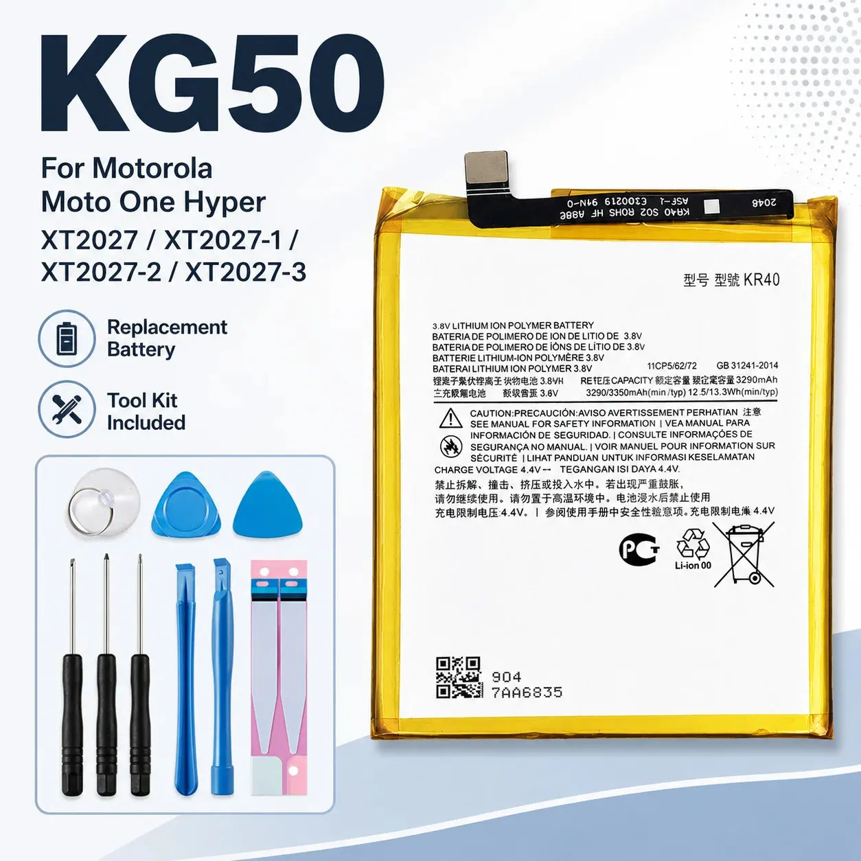 Batería de Teléfono KG50 de Polímero de Litio 3.85V, Celda Recargable de Descarga Estándar para Motorola One Hyper XT2027 XT2027-1 XT2027-2 Kit