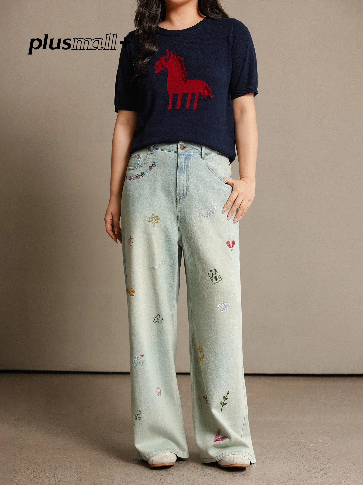 

Plusmall Graffiti Holiday Vintage Washed Straight Leg Embroidered Contrast Color Kids Jeans Women's Retro Style Spring New