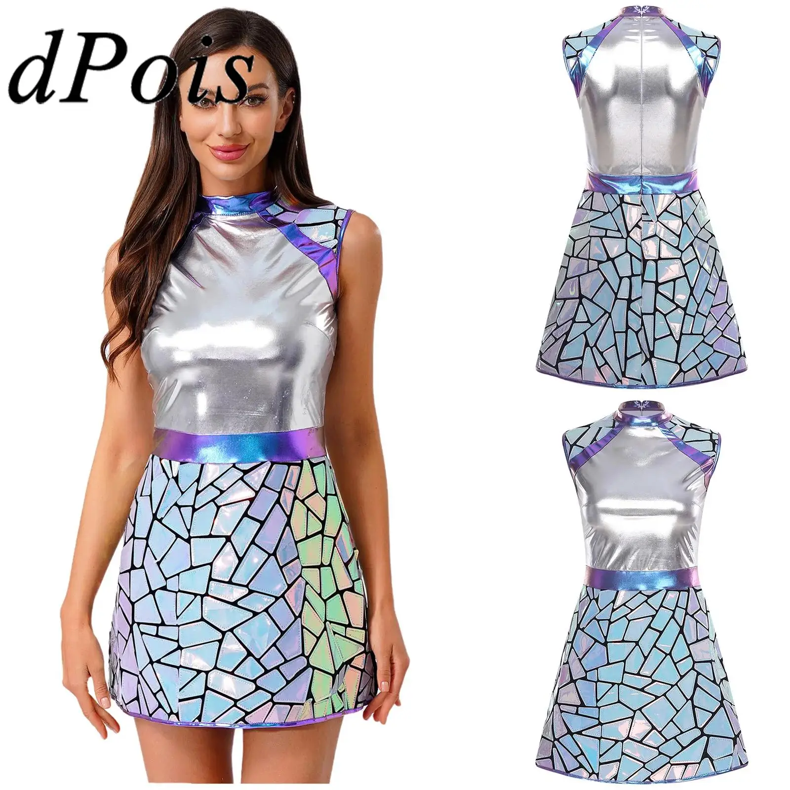 

Womens Halloween Alien Female Astronaut Dress Gradient Sequin Metallic Shiny Dress Galaxy Traveler Space Warrior Cosplay Costume