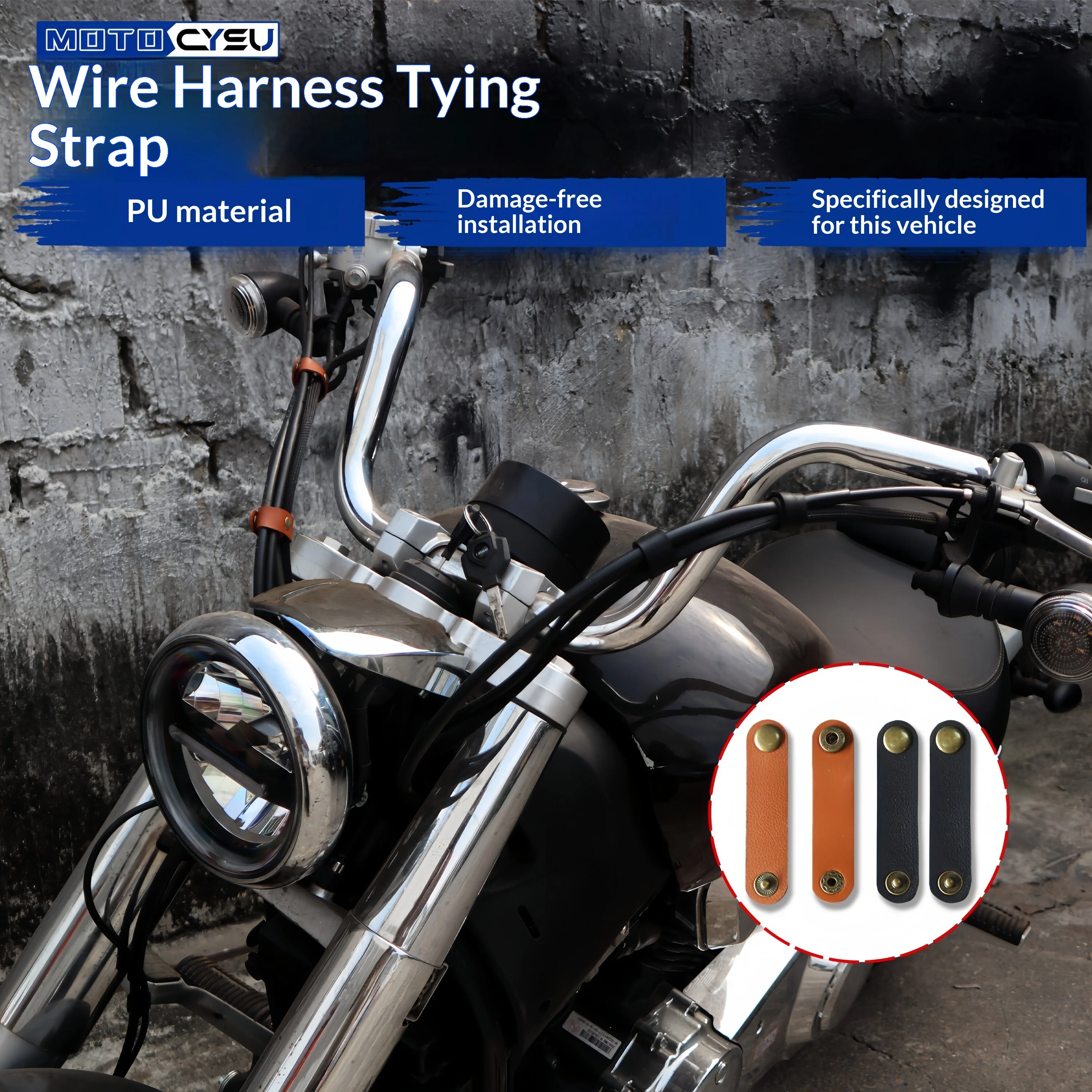 【Premium】For Motorcycle Chinchilla vintage cowhide cable ties, cable ties, genuine leather snap buckles, adjustable cable