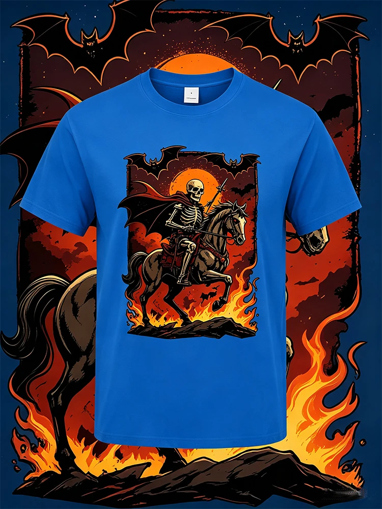 Gothic Halloween T‑Shirt for Men Women Skeleton Horseman Death Rider Bat Fire Flame Graphic Print Crew Neck Short Sleeve T-shirt Multi‑Colors Horror Party Casual Tee