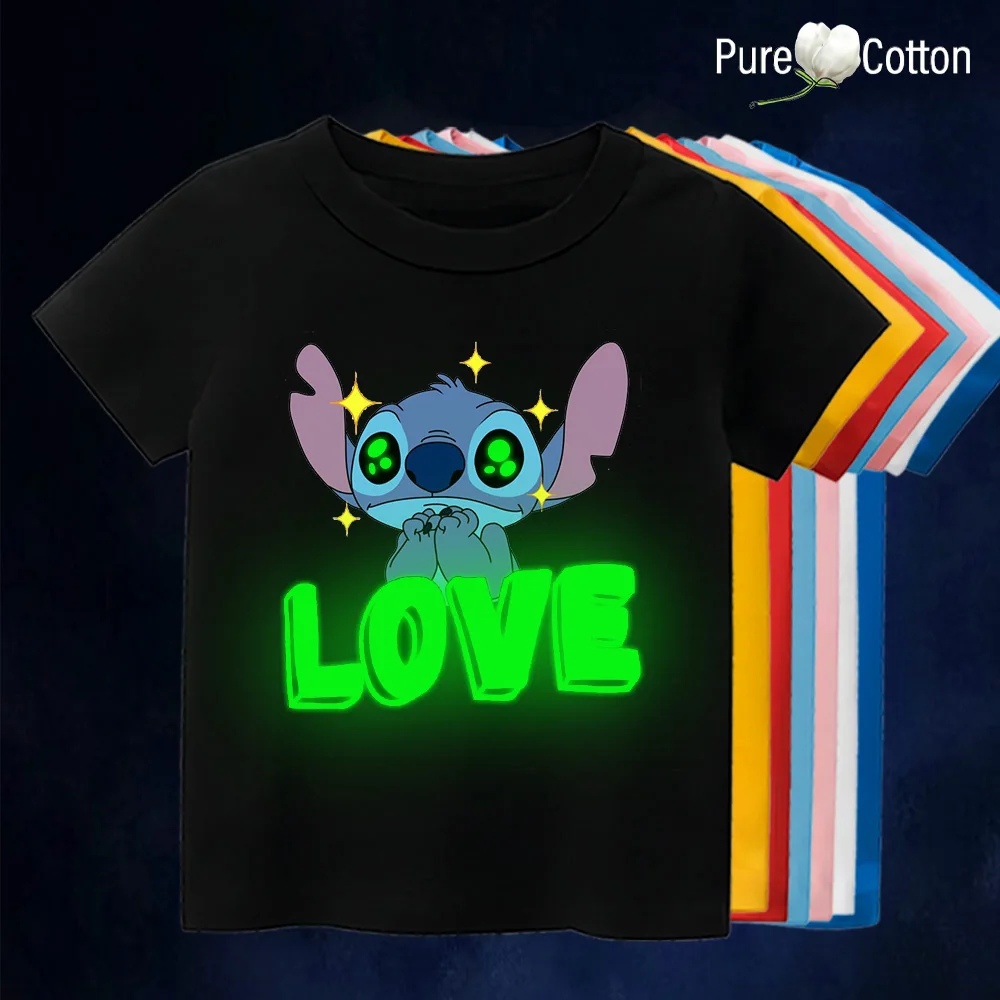 Stars eye cute blue cartoon fluorescent printing cotton short sleeve children's casual daily short sleeve for men and women