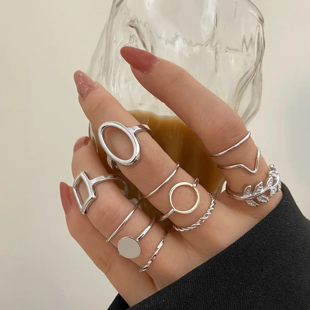 New Fashion Creative Geometric Leaf Wave Hollow Ring Set 11 Pcs for Women Men Simple Knuckle Ring Charm Wedding Party Jewelry