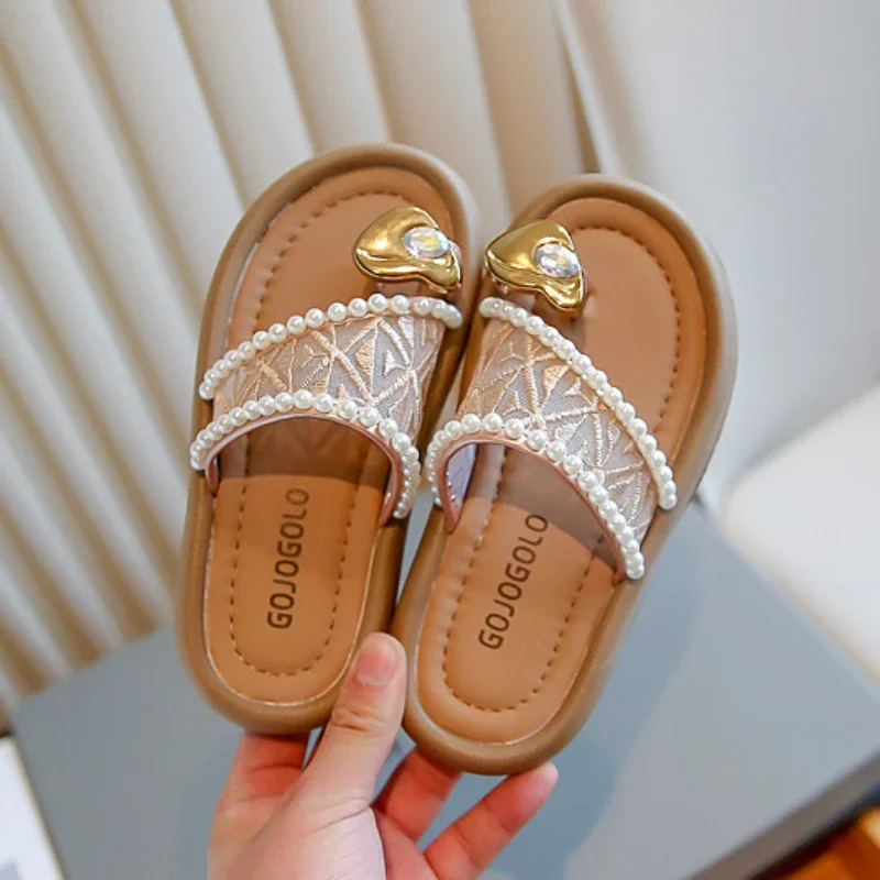 Summer Children Fashion Girls Slippers Sweet Pearl Elegant Princess Shoes Versatile Soft Kids Home Flip-flops Open-toe Slippers