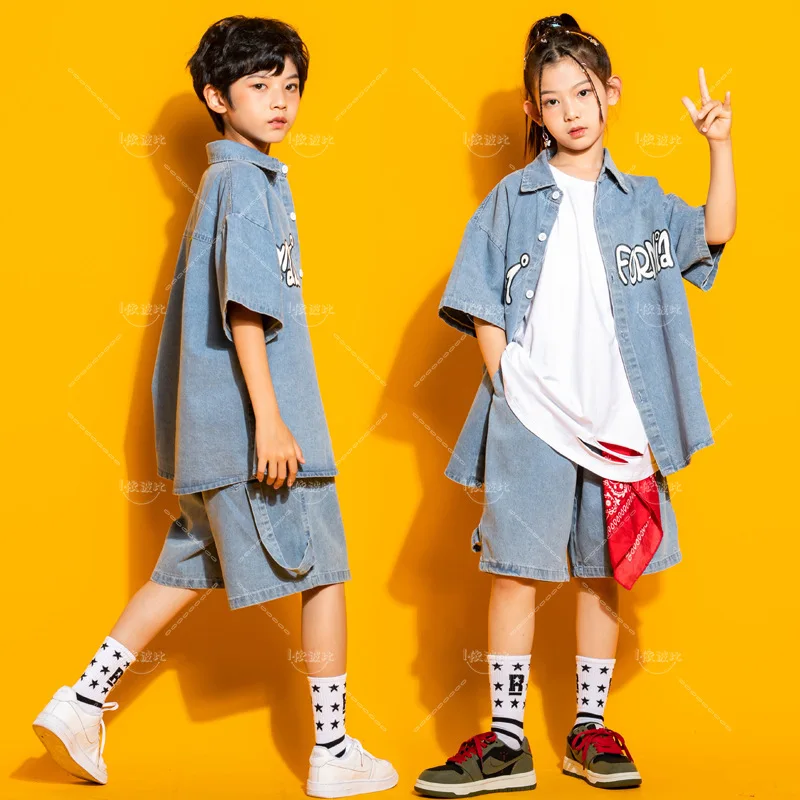 Mode Denim Jeans Shirt Short Kids Hiphop Danskleding Voor Meisjes Jongens Jazz Dancewear Street Dance Wear Ballroom Kostuums