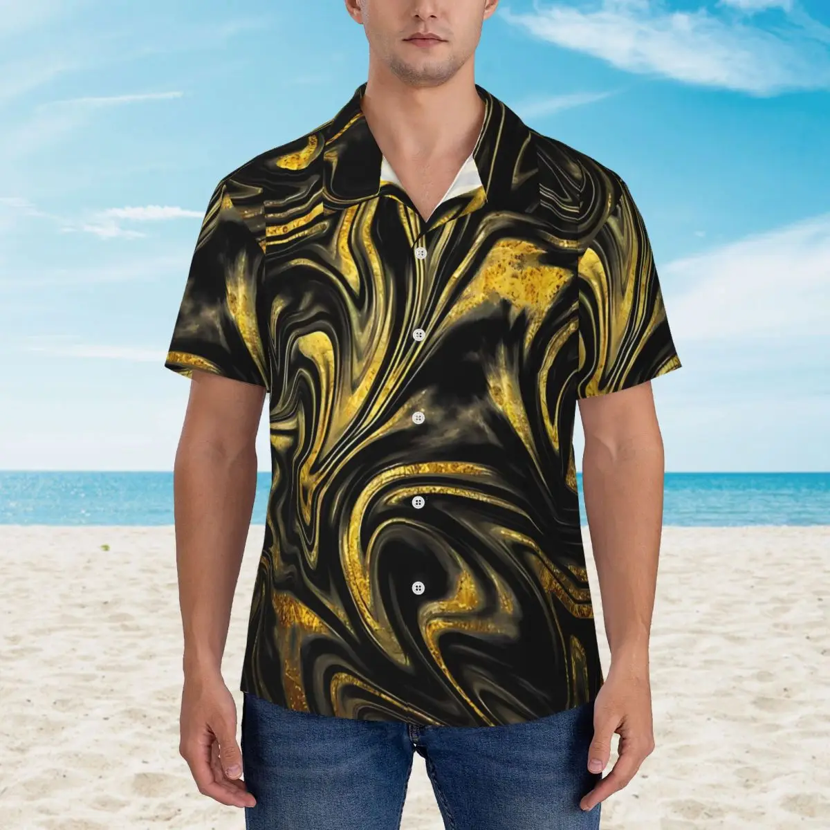 Gold And Black Marble Beach Shirt Man Casual Shirts Hawaiian Short Sleeve Custom Cool Oversized Blouses Birthday Gift view 3