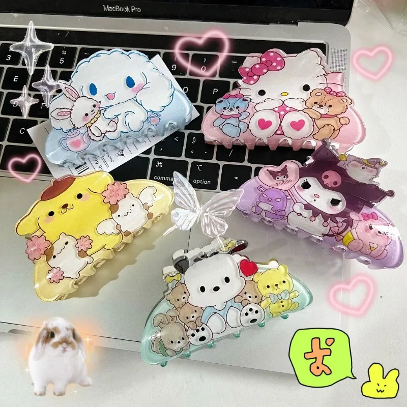 New Cute Sanrio Cinnamoroll Pompom Purin Kuromi Anime Cartoon Kawaii Style Girls Student Large Premium Hair Clip Wholesale